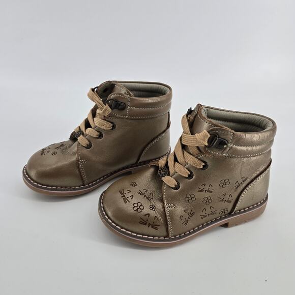 AndaNeNes Girls Bronze High Top Lace Up Leather Upper Cat & Flower Boots 10C - Picture 1 of 9